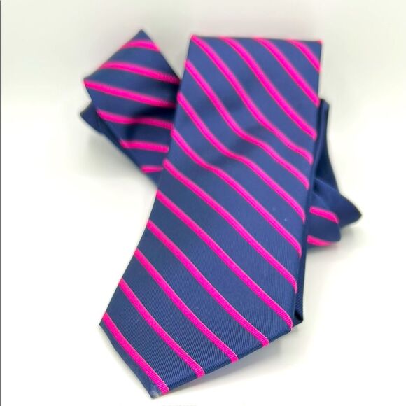 Tommy Hilfiger 100% Silk Navy and Pink Striped Tie - Picture 1 of 4